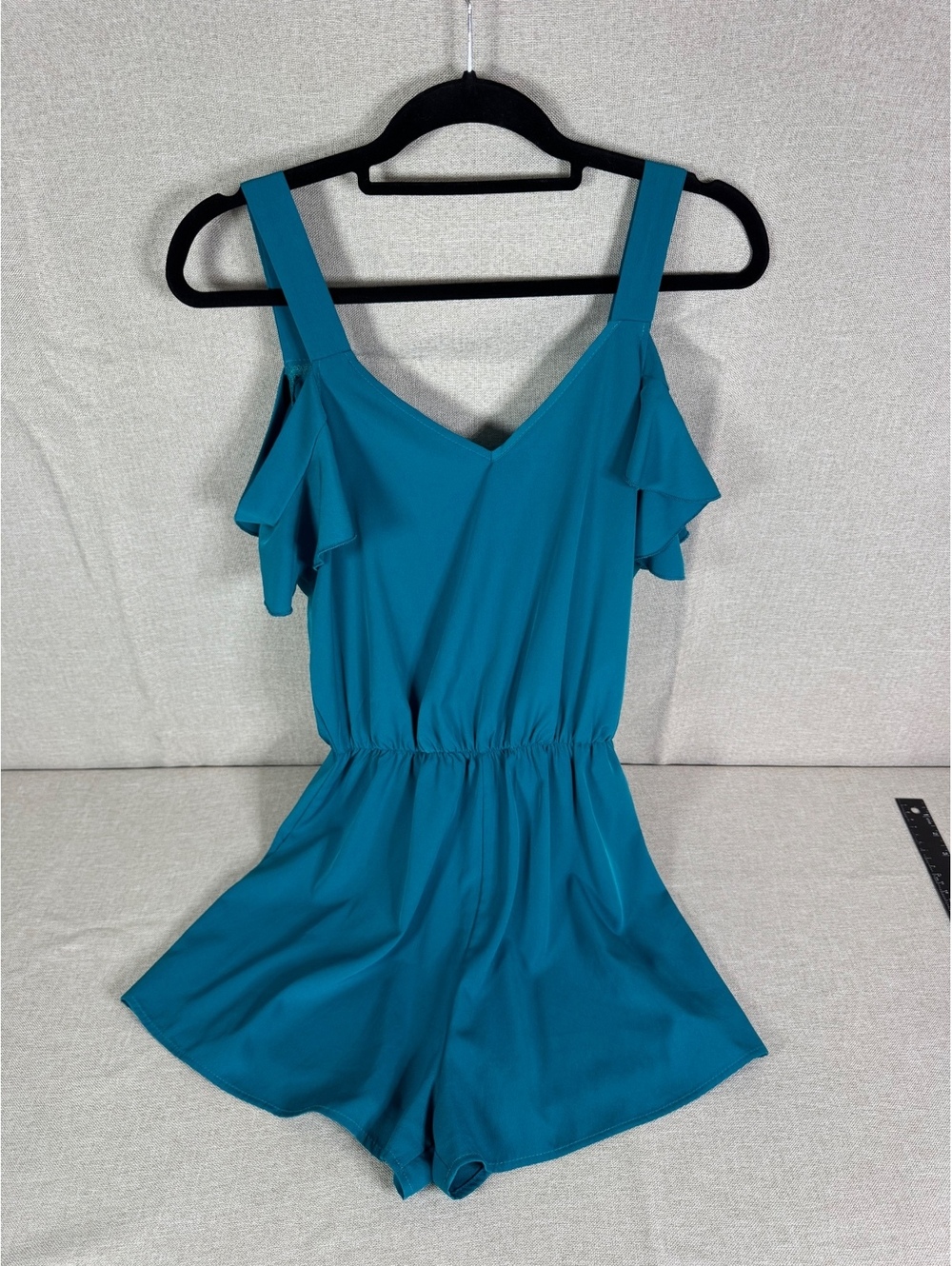 Women's Teal Cold Shoulder Romper with Ruffle Sleeves and Elastic Waist